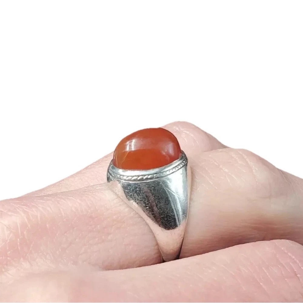 Vintage Large Carnelian Cabochon Etched Rope Design Sterling Silver Ring Size 8